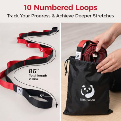 Slim Panda Stretching Strap with Loops - Non-Elastic Heavy Duty Nylon Yoga & PT - Oversized Multi-Loop Home Rehab - Hamstring Shoulder Pilates Flexibility - color: Red