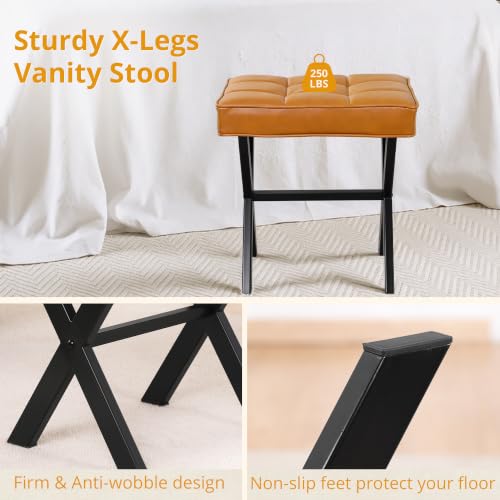 LUE BONA Vanity Stool, Faux Leather X-Leg Foot Stool, Small Ottoman Makeup Stool Chair for Vanity, Modern Padded Foot Rest Vanity Seat for Makeup Room, Bathroom, Whiskey Brown - color: Whiskey Brown