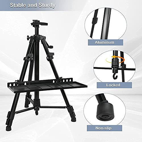 Easel Stand, 20" to 61" Adjustable Artist Easel for Adults, Aluminum Tripod Canvas Stand with Tray, Portable Painting Easel for Tabletop & Floor Displaying, Black