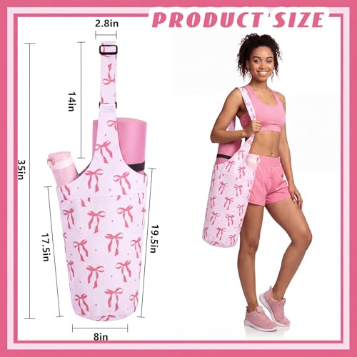 SATINIOR Pink Bow Yoga Mat Bag with Large Size Pocket & Zipper Pocket Oxford Cloth Yoga Bag Mat Carrier Holder Adjustable Shoulder Strap Women Gym Pilates Accessories for Travel Office Beach Workout