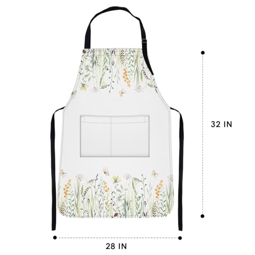 Apron with Pockets, 32x28 inch, for Women Men, Wild Flowers | Floral Yellow Green Waterproof Adjustable Bib Aprons for Kitchen Cooking Baking Painting Gardening - color: Eucalyptus