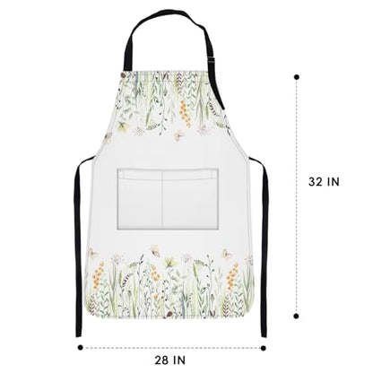 Apron with Pockets, 32x28 inch, for Women Men, Wild Flowers | Floral Yellow Green Waterproof Adjustable Bib Aprons for Kitchen Cooking Baking Painting Gardening - color: Eucalyptus