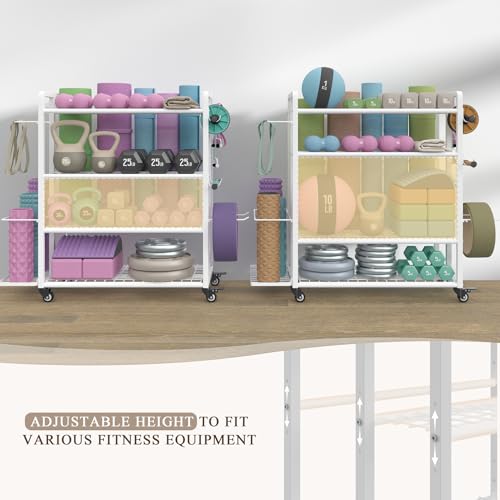 4-Tier Weight Rack for Home Gym with Wheels and Hooks | Adjustable Gym Storage Rack for Dumbbells Kettlebells Yoga Mat, All-in-One, Space Saving, Heavy Duty Steel, Easy to Assemble - size: Large White
