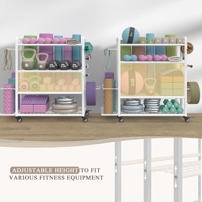 4-Tier Weight Rack for Home Gym with Wheels and Hooks | Adjustable Gym Storage Rack for Dumbbells Kettlebells Yoga Mat, All-in-One, Space Saving, Heavy Duty Steel, Easy to Assemble - size: Large White