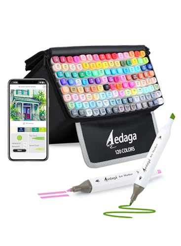 AEDAGA 120 Colors Dual Tip Alcohol Markers with Free App for Artists Adults | Art Marker with Kickstand Case | Alcohol Based Markers for Coloring Painting Sketching and Drawing | Great Gift - color: 120 Colors