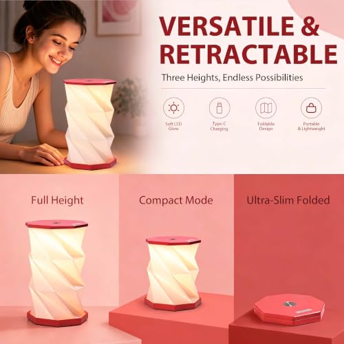 Portable Foldable Table Lamp, Japanese Gift, Paper Lantern Lights | Touch Control Dimmable Lamp with 3 Adjustable Heights, Rechargeable Warm Light, Travel Gifts for Women Men Couples (Red) - color: Red