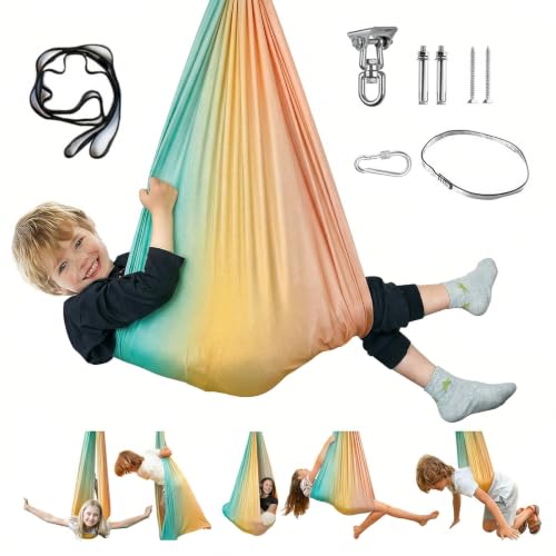 Aokitec Sensory Swing for Kids & Adult, Indoor Outdoor Cuddle Hammock Chair | Therapy swing, Special Needs, Autism, ADHD, Adjustable, Soft Nylon 300LB Capacity, 360 Swivel Hanger, All Hardware Included - color: Orange1
