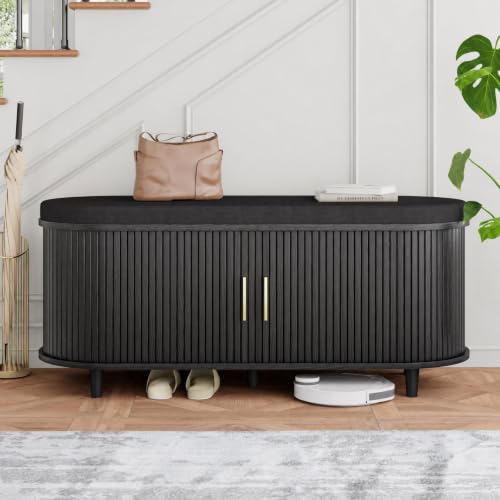 DHH 2-Tier Storage Bench,Wide Shoe Bench with Thickened Padded Seat Cushion, Mid Century Modern Fluted Sliding Door and Adjustable Shelf, for Entryway, Living Room, Bedroom (Black, 43.3“) - color: Black, size: 43.3 inch