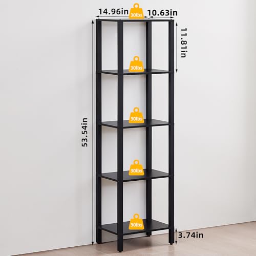 YUFAM 5 Tier Tall Narrow Bookshelf, Skinny Bookcase, Wooden Shelf, Black - color: Black, size: 5-Tier