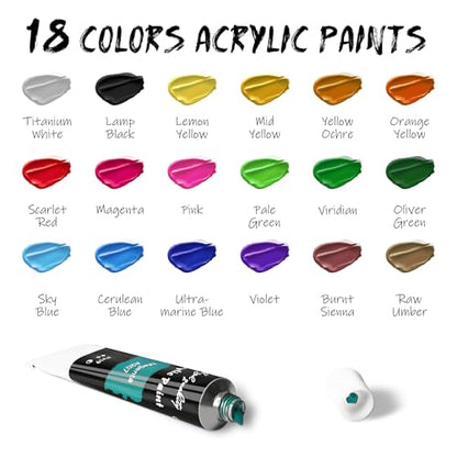 LEYEMO 34 PCS Acrylic Art Paint Set for Kids & Adults | Art Painting Supplies Kit with 18 Acrylic Paints, 8 Brushes, 5 Paint Canvas, Easel & Palette for Beginner Artists