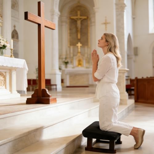 Walnut Prayer Kneeler with Thick Attached Cushion, Wooden Prayer Bench with Removable Washable Fabric Cover, Sturdy Kneeling Stool for Home Prayer and Meditation