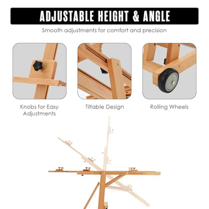 Easel for Painting, H Frame Easel, Painting Stand, Studio, Fits 80” Canvas | Houseables for Large Canvas, Floor Standing, Adjustable, Tilt Flat, Rolling Wheels, Wood, Adults, Painters, Arts & Crafts