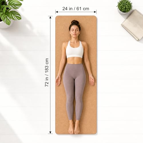 Cork Yoga Mat 6mm Extra Thick TPE Non-Slip Workout Mat with Alignment Lines for Hot Yoga and Home Gym - color: brown