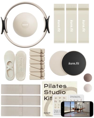Pilates Kit | Pilates Equipment Set for Home Workouts | Accessories & Guide | Matching-color Pilates ball, Pilates ring, resistance bands, Pilates accessories, video tutorials & gift box for home use. - color: Beige, style: Studio Kit - 15PC