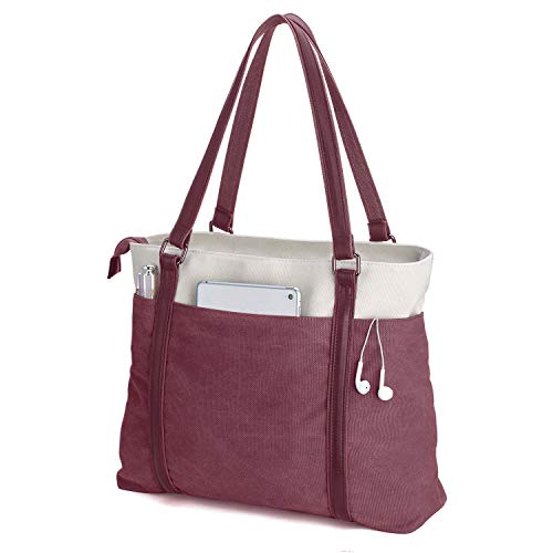 Laptop Tote Bag for Women, 15.6 Inch Work Bag with Laptop Compartment and Zipper, Canvas Computer Tote for Teacher - color: 버건디