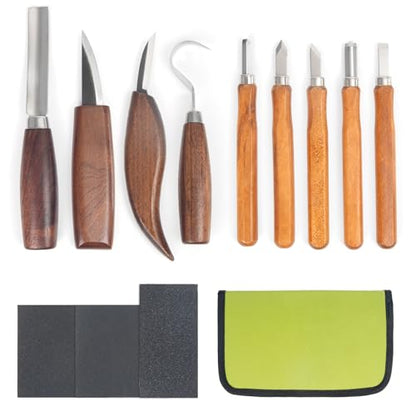 Wood Carving Kit - 12Pcs Wood Carving Tools Set with Storage Bag,Carving Knife Set with 4Pcs Whittling Knives, 5Pcs Detail Carving Knives,Wood Whittling Kit for Beginners Adults Kids