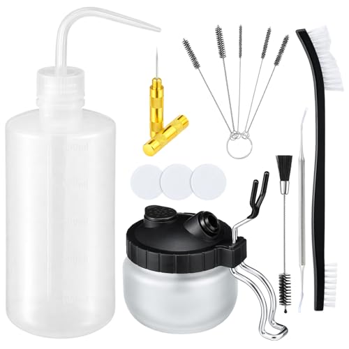 Sieral 8 Pcs Airbrush Spray Gun Cleaning Kit Double Sided Brush, Large General Brushes, Double Side Dental Pick, Glass Jar with Holder, 5 Needle, 5 Brushes, Wash Needle, 500ml Plastic Bottle
