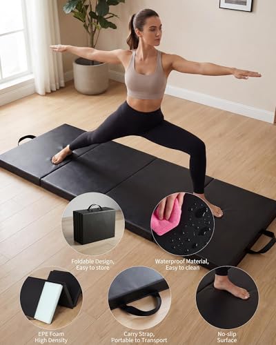 6x3 Ft Portable Four-Fold Gymnastics Mat, 2 Inch Thick Tumbling & Exercise Pad, Folding Floor Mat for Home Workouts, Yoga, Pilates, Aerobics and Martial Arts Training, Black