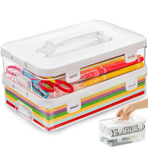 2 Pack Plastic Craft Storage Box with Lid, Clear Stackable Pencil Case, Portable Art Supply Organizer with Handle, Small Carrying Crayon Container for Sewing Ornament Nail Polish Tape