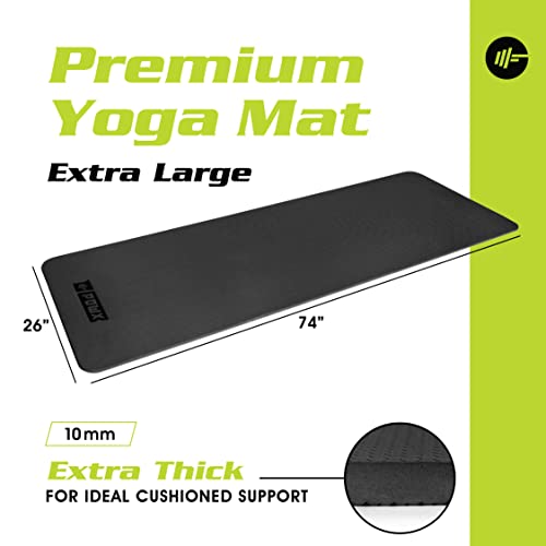 Extra Thick Yoga Mat for Women – TPE 10 mm-Thick Non-Slip Yoga Mat & Nylon Mat Strap – Men’s Fitness & Workout Mats for Home Gym – 26 x 74 In. Indoor-Outdoor Meditation & Exercise Mats by PowX (Black)