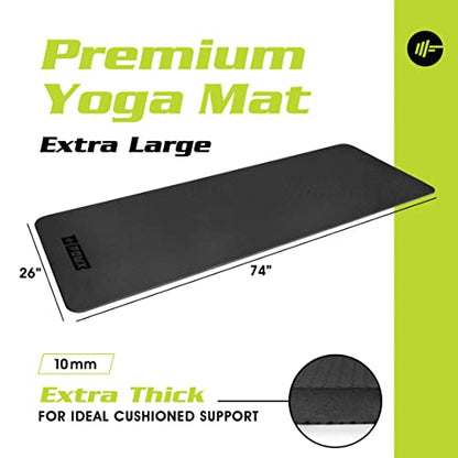 Extra Thick Yoga Mat for Women – TPE 10 mm-Thick Non-Slip Yoga Mat & Nylon Mat Strap – Men’s Fitness & Workout Mats for Home Gym – 26 x 74 In. Indoor-Outdoor Meditation & Exercise Mats by PowX (Black)
