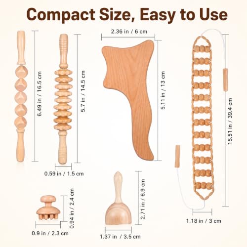 Ciieeo 6 Pcs Wood Therapy Massage Tools Set Wooden Roller Stick Massage Cups Therapy Tools for Body Shaping Office Fatigue Relief Circulation Support