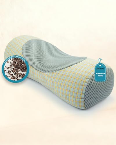 메밀 목 롤 베개 - 45 x 15cm(17.7 x 5.9인치) 조절 가능한 단단한 경추 지지 볼스터, 목 통증 완화를 위한 세탁 가능한 통기성 커버, 메밀 껍질 충전재, 사무실 낮잠 점심 시간용 실린더, 블루 - color: 블루 실린더