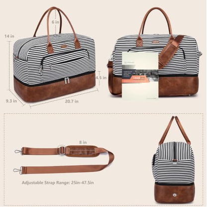 Large Women Travel Weekender Bag: Carry on Duffle with Shoe Compartment | Overnight Duffel Bags with Wet Pocket, Womens Traveling Tote for Hospital Labor Delivery Gym Yoga Sport Weekend Business Trip - color: Black Striped Basic