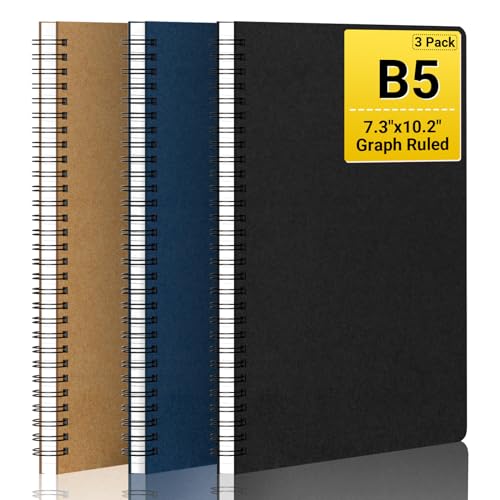 EUSOAR Graph Paper Notebook, B5 3Packs 7.3"x10.2" 120 Pages Graphing Paper Notebook Journals, Spiral Graph Composition Notebook for Math Science Engineering Artist Drawing-Black/Royal Blue/Kraft - color: Black/Royal Blue/Kraft, size: B5