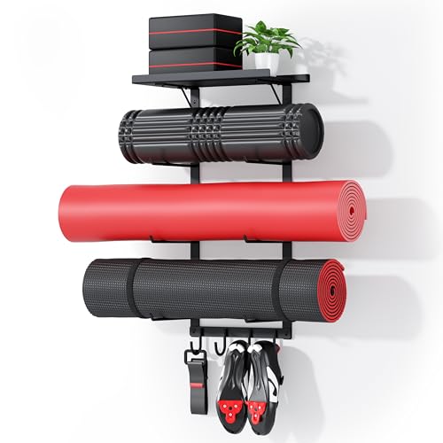Yoga Mat Holder Wall Mount, Home Gym Storage Rack with Top Floating Shelf | 4-Tiers Fitness Accessories Organizer with Hooks for Foam Roller / Resistance Band / Workout Equipment/ Block / Pilates Strap
