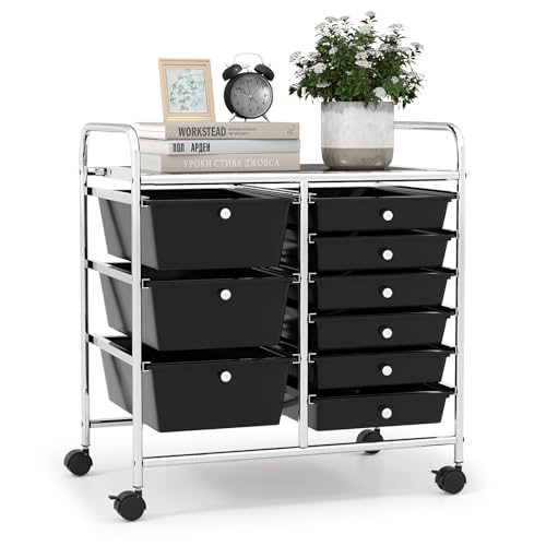 9 Drawer Rolling Storage Cart, Rolling Cart with Drawers for Classroom, Art Supply Craft Organizer on Wheel with Metal Frame & Handles for Home Office School - color: Black, size: 9 Drawer