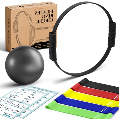 Pilates Kit, 13.5" Pilates Ring with Mini Ball & Resistance Bands | Home Pilates Equipmen Set, Magic Circle Ring with Anti-Slip Handles for Beginners, Workout Guide Included - color: Pilates Kit - Black