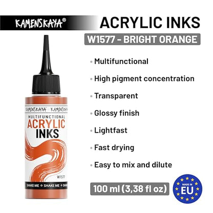 KAMENSKAYA Acrylic Inks for Artists - Bright Orange Acrylic Ink, 3.38 Fl Oz (100 ml) | Highly Concentrated, Multifunctional Liquid Acrylic Paint - color: Bright Orange