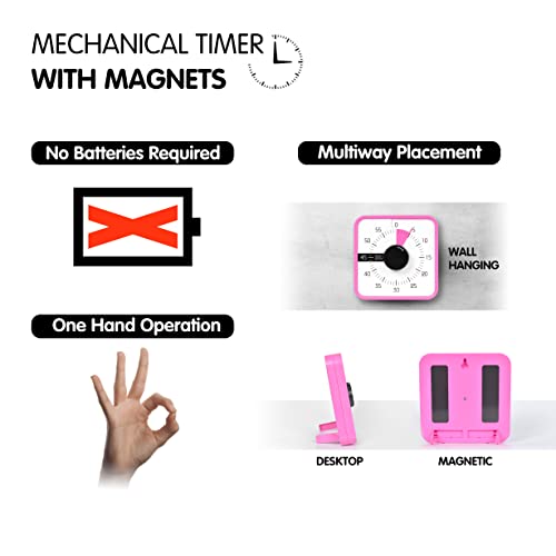 TWENTY5 SEVEN Countdown Timer 7.5 inch; 60 Minute 1 Hour Visual Timer – Classroom Teaching Tool Office Meeting, Mechanical Countdown Clock for Kids Exam Time Management Magnetic, Pink - color: Pink