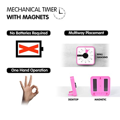 TWENTY5 SEVEN Countdown Timer 7.5 inch; 60 Minute 1 Hour Visual Timer – Classroom Teaching Tool Office Meeting, Mechanical Countdown Clock for Kids Exam Time Management Magnetic, Pink - color: Pink