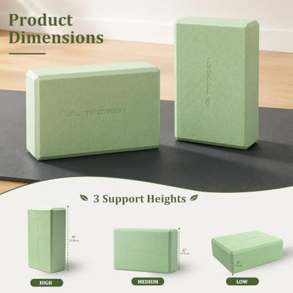 Trideer Yoga Blocks 2 Pack, Soft Non-Slip Foam Blocks with Beveled Edges for Alignment and Stretching in Yoga, Pilates, and Dance - Supportive, Lightweight, Odor Resistant, Latex-Free - color: Mint Green-Leaf Pattern