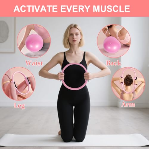 Pilates Ring Set with Resistance Bands– Anti-Slip Magic Circle Pilates Ring for Home Workouts, Full-Body Toning, Strength Training for Women 14PCS - color: Pink