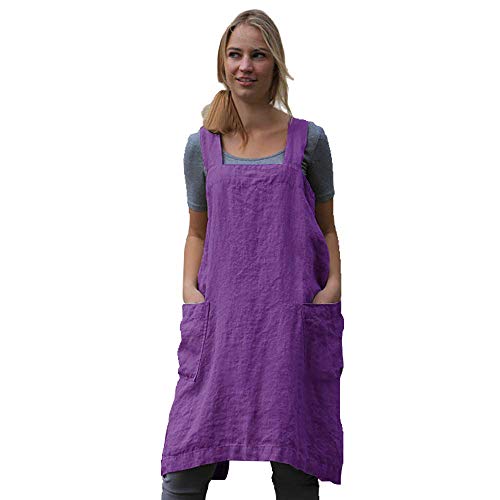 Women's Pinafore Square Apron Baking Cooking Gardening Works Cross Back Cotton/Linen Blend Dress with 2 Pockets - color: Y-purple, size: 3X-Large