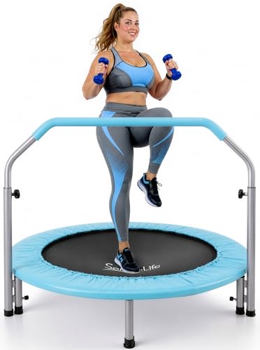 SereneLife 40" Foldable Mini Trampoline for Adults - Compact Fitness Rebounder with Adjustable Foam Handle, Exercise Trampoline with Max Load 330lbs, Indoor/Garden Whole-Body Workout - color: Sky Blue