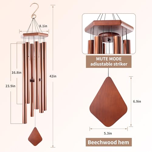 Wind Chimes Outdoor Large Deep Tone, 44 Inches Sympathy Wind Chimes Tuned Soothing Melody, Memorial Wind-Chime with 6 Heavy Tubes for Outside Decoration, Garden/Yard. Copper - size: 44"CP