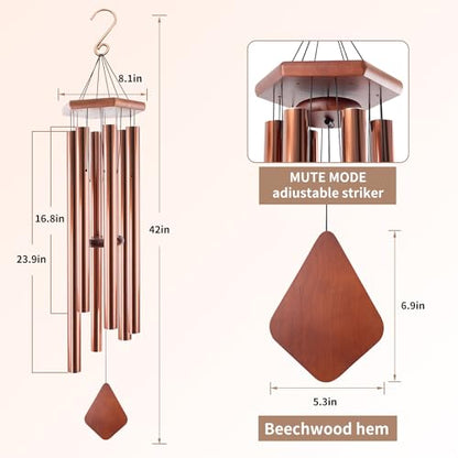 Wind Chimes Outdoor Large Deep Tone, 44 Inches Sympathy Wind Chimes Tuned Soothing Melody, Memorial Wind-Chime with 6 Heavy Tubes for Outside Decoration, Garden/Yard. Copper - size: 44"CP