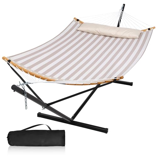 Double Hammock with Stand and Carrying Bag, Light Brown Stripe | Quick Dry Hammock with Curved Spreader Bars and Pillow, 450 Lbs Capacity, For Indoors, Patio, Garden - color: Zquick Dry-light Brown Stripe