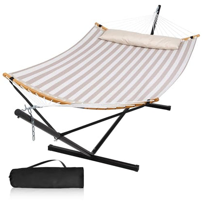 Double Hammock with Stand and Carrying Bag, Light Brown Stripe | Quick Dry Hammock with Curved Spreader Bars and Pillow, 450 Lbs Capacity, For Indoors, Patio, Garden - color: Zquick Dry-light Brown Stripe