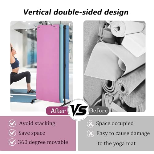 Yoga Mat Holder Hanging, Metal Double Sided Yoga Mats Storage Cart on Wheels, Floor Standing Pilates Mat Rack for Home Gym, Exercise, Yoga Studio, with Punching Tool(Black)