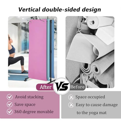 Yoga Mat Holder Hanging, Metal Double Sided Yoga Mats Storage Cart on Wheels, Floor Standing Pilates Mat Rack for Home Gym, Exercise, Yoga Studio, with Punching Tool(Black)