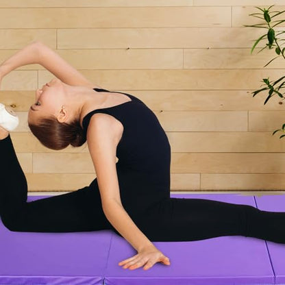 BalanceFrom 6x2 Feet 3-Panel Folding Gymnastics Mat – 1.5-Inch Thick Pad with Vinyl Surface and Carrying Handles for Tumbling, Yoga, Pilates, Home Workouts, and Martial Arts - color: Purple