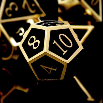 Haxtec Metal DND Dice Set, 7 Pcs Black Polyhedral Dice for Table Games | Gold Number D&D with Leather Bag, Compatible with Dungeons and Dragons, Enamel Heavy Metallic, RPG Gifts for DND Lovers - color: Gold Black