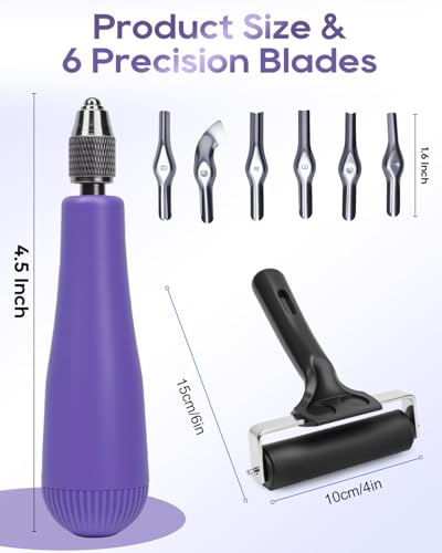 UCEC 5+1+1+6 Pack Linocut Wood Carving Tools Set Linoleum Experts & Beginners 6 Blades Universal Size Purple with 4‘’ Brayer Roller