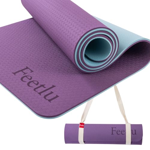 Extra Thick Yoga Mat with Carry Strap, 10mm Non-Slip Exercise Mat, 72 x 24 Inch Cushioned Workout Mat for Yoga, Pilates, Stretching & Floor Exercises - color: Dark Purple & Blue Gray