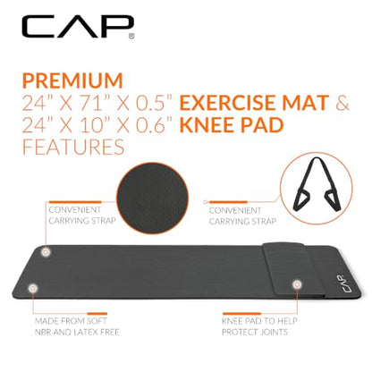 CAP Barbell 1/2-Inch High Density Exercise Yoga Mat with Strap | Multiple Options - color: Black, style: Yoga Mat w/Knee Pad